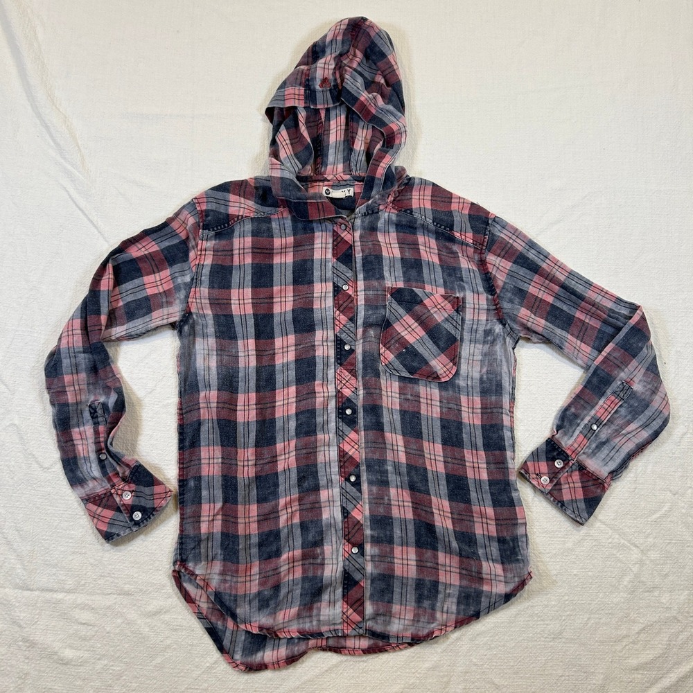 Roxy Womens Pink Navy Blue Plaid Hooded Flannel Snap Front Shirt Small Grunge